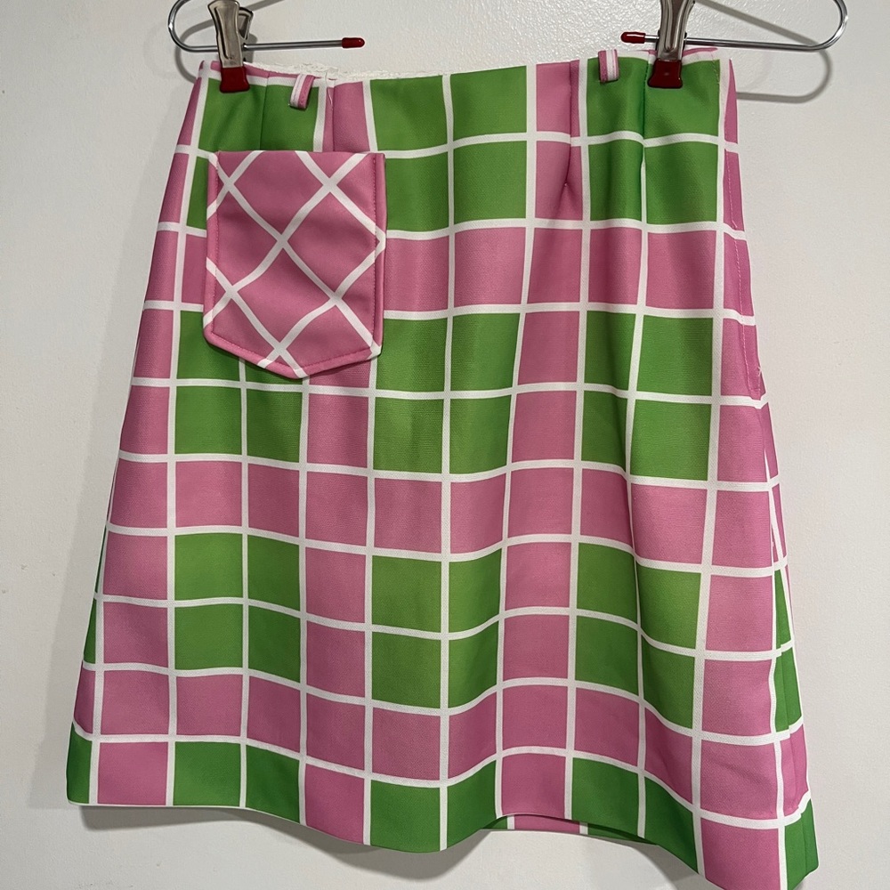 Vintage 60s David Smith A Line Mini Skirt Geometric GoGo Mod Green Pink Size 10
